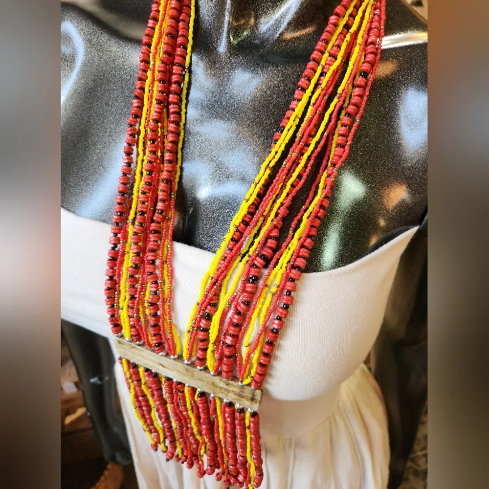 Yellow, Red and Black Beaded Necklace with Camel Bone Accent. Reversable š - Picture 6 of 8